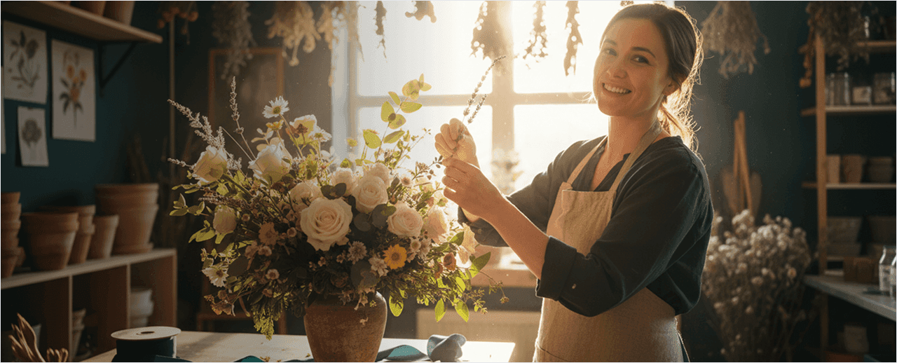 A smiling florist in a beige apron arranges a large bouquet of white roses and wildflowers in a sun-drenched, rustic workshop