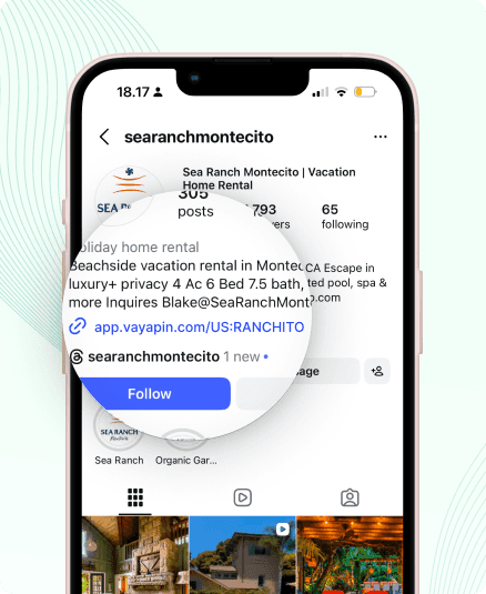 Smartphone showing an Instagram profile for a vacation rental, with a zoomed-in circle highlighting the link in the bio.
