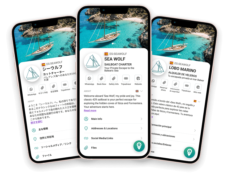Mockups of a rental app for Nirvana Cottage shown in three languages