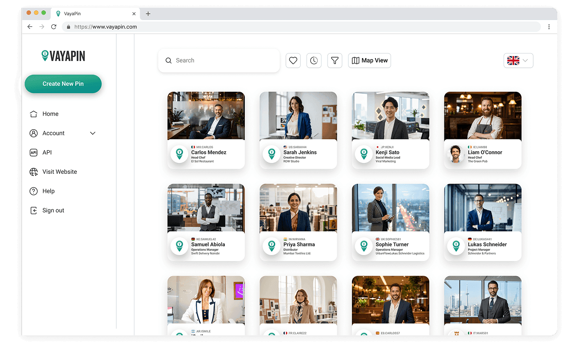 VayaPin web dashboard showing a grid of community project cards and a sidebar navigation menu.