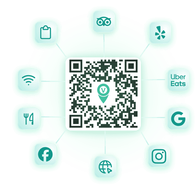QR code connected to surrounding icons for social media, reviews, and dining services