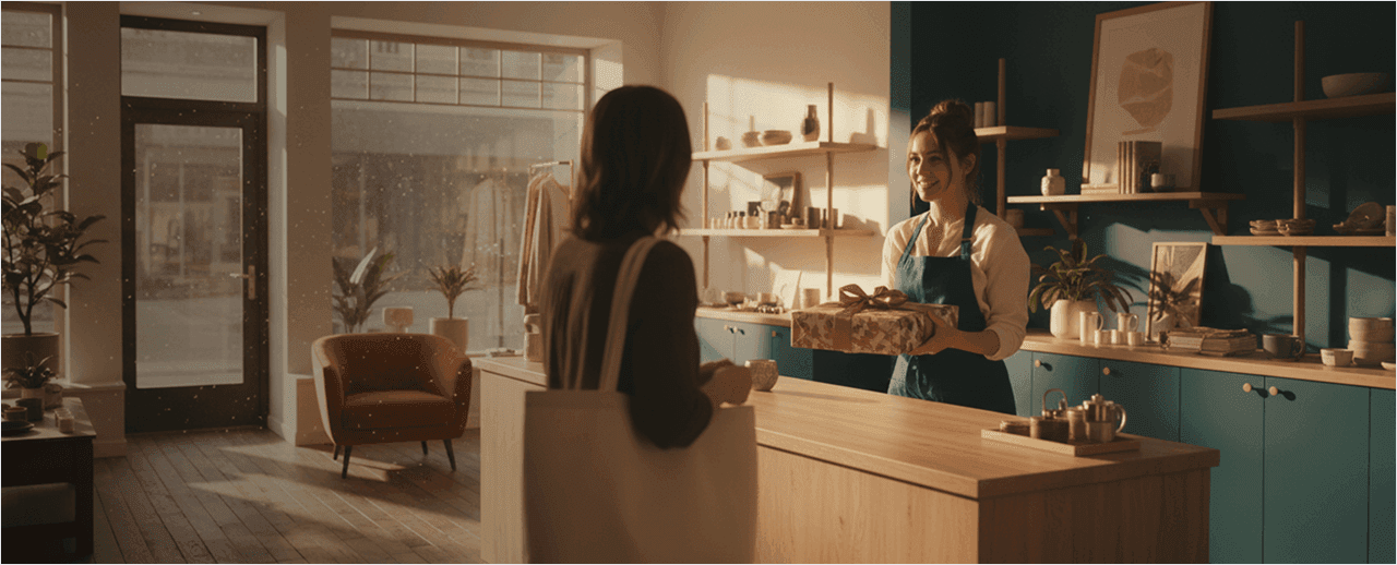 A shop employee in a blue apron smiles while handing a wrapped gift over a wooden counter to a customer in a sunlit, modern boutique.