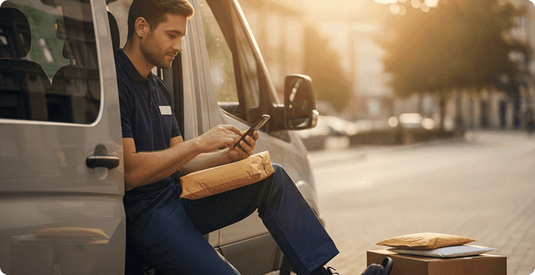 A delivery driver in a navy uniform sitting in the open side door of a white van