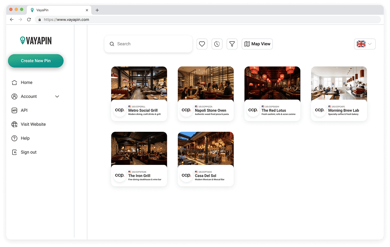 VayaPin web dashboard showing a grid of community project cards and a sidebar navigation menu.