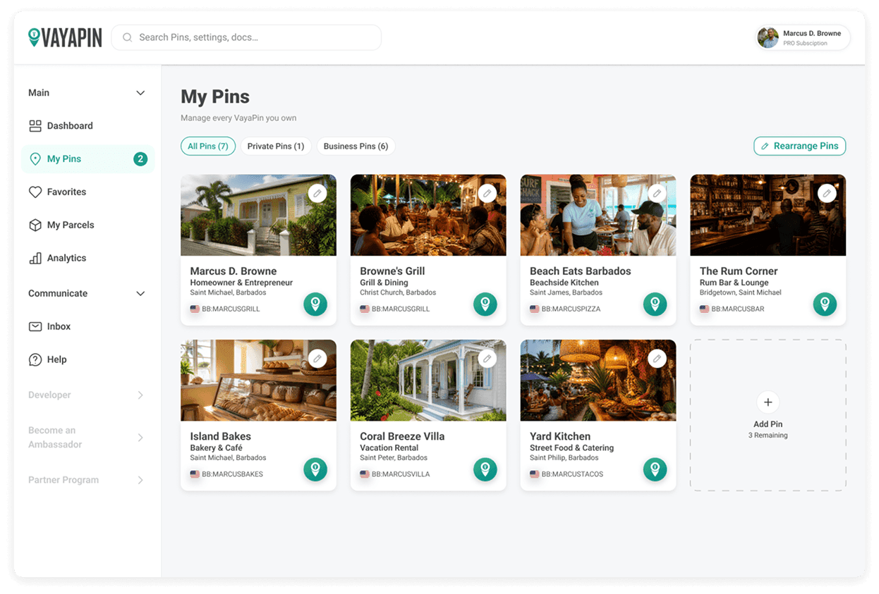 VayaPin web dashboard showing a grid of community project cards and a sidebar navigation menu.