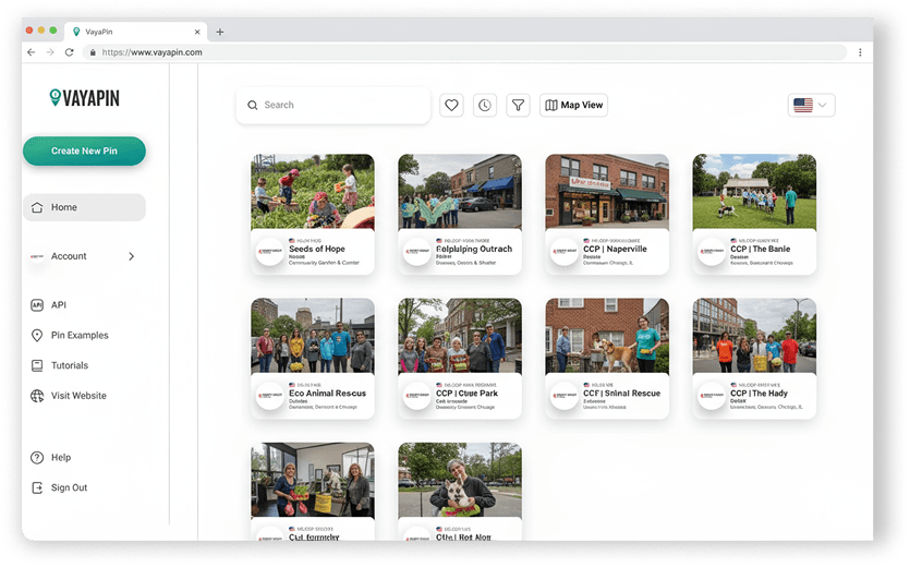 VayaPin web dashboard showing a grid of community project cards and a sidebar navigation menu.