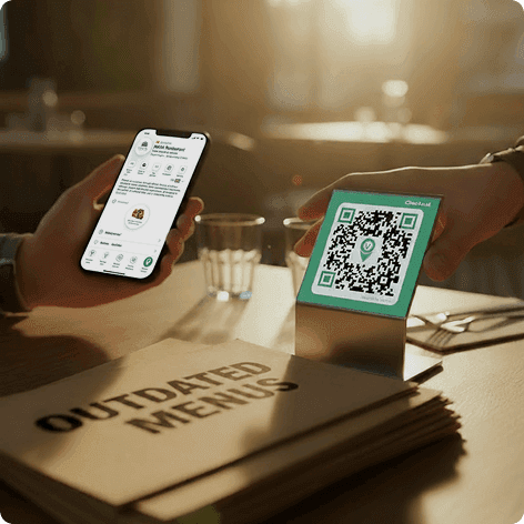 Hand holding a phone scanning a QR code