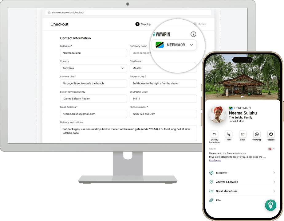 A VayaPin browser extension and a checkout form