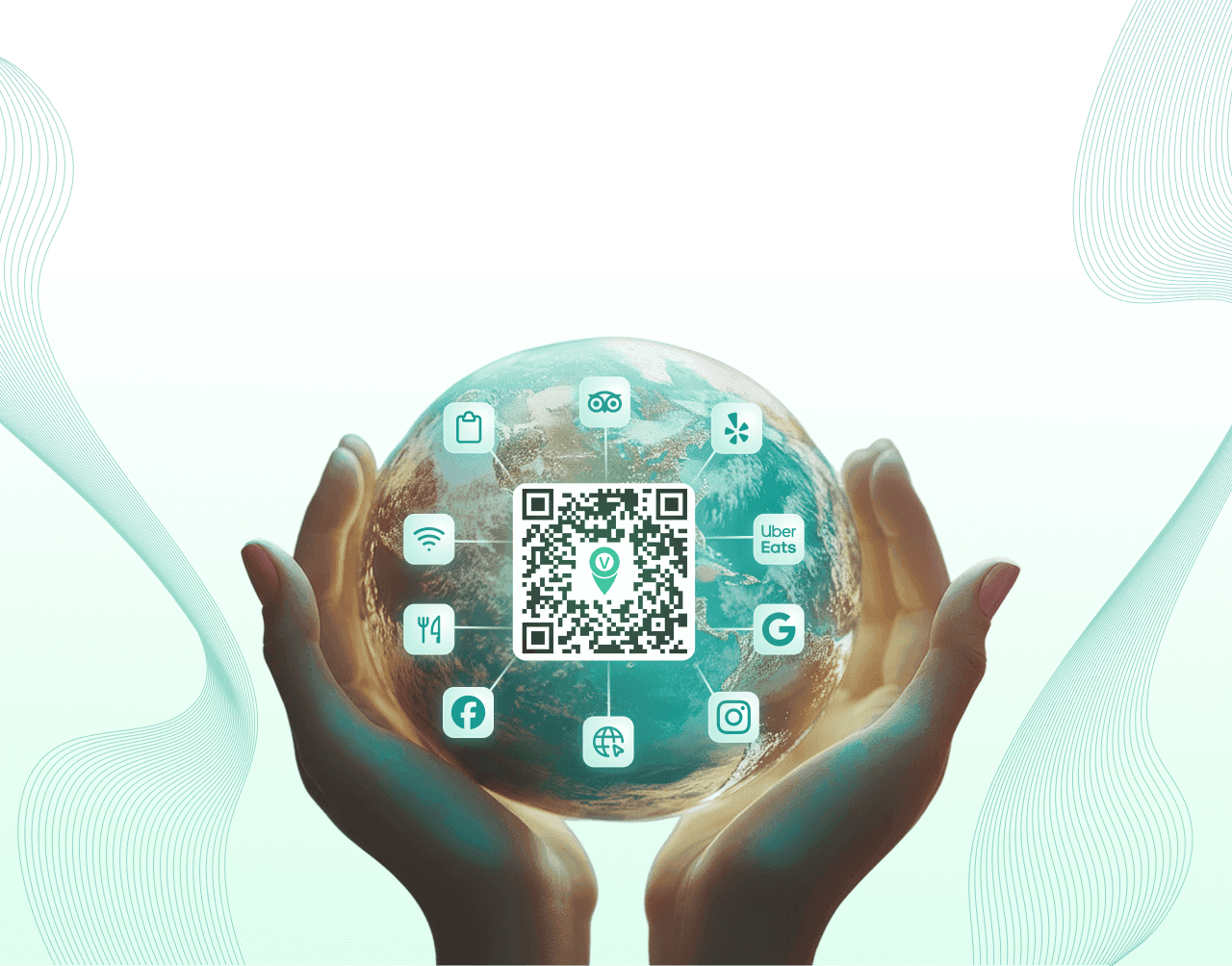 Hands holding a globe with a central QR code and app icons
