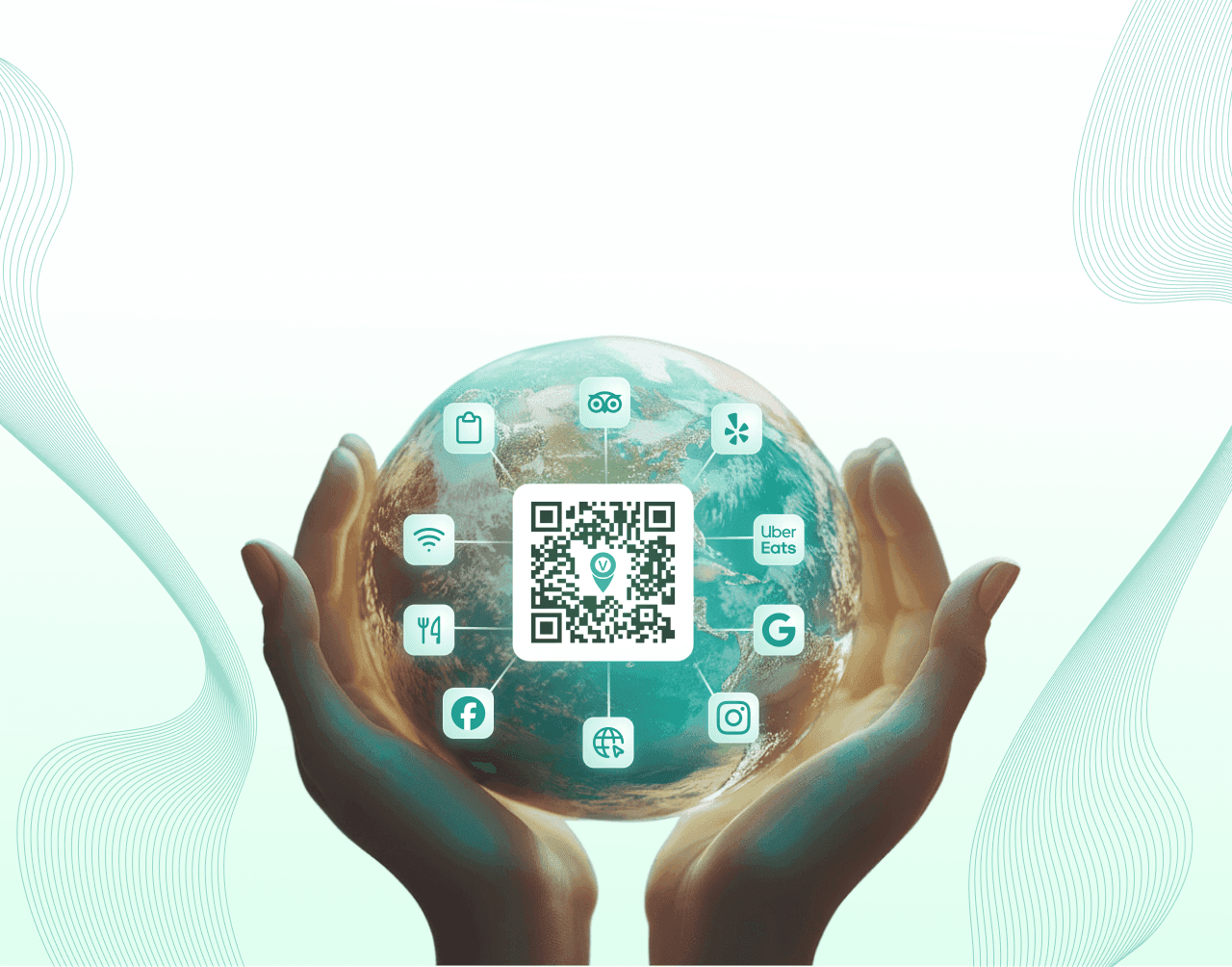 Hands holding a globe with a central QR code and app icons