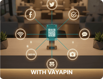 A digital QR code stand on a counter glows with connected icons for social media