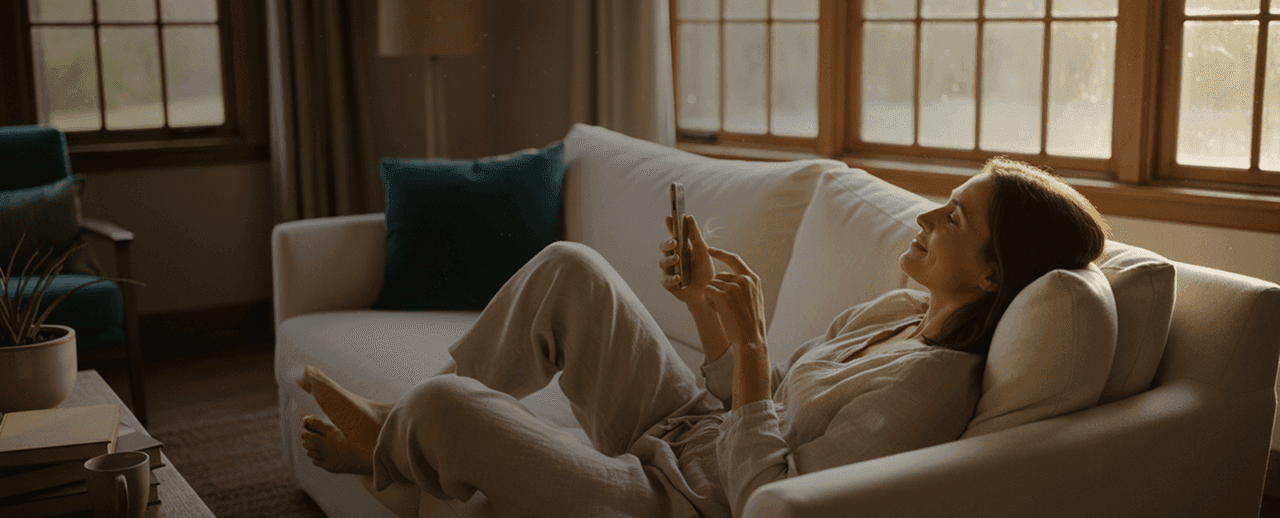 A woman relaxes on a light-colored sofa in a sunlit living room while scrolling on her smartphone.