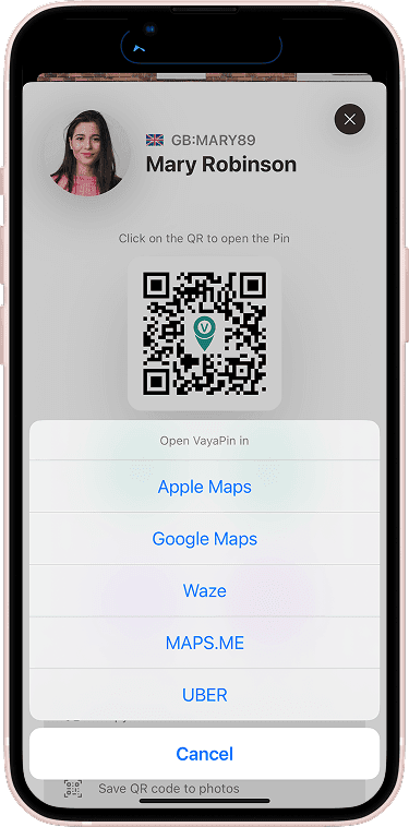 VayaPin mobile app with opened map provider options