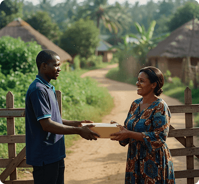 Two people exchanging a package at a wooden gate in a rural African village.