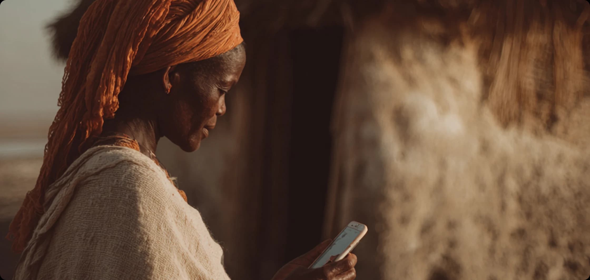 A close-up profile of an older woman wearing a bright orange headscarf, focused intently on a smartphone held in her hand against a soft-focus earthen background.