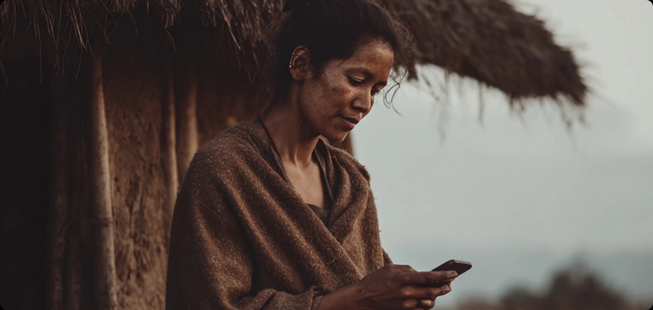 A medium shot of a woman in textured, earth-toned clothing leaning against a thatched-roof structure while using a smartphone.