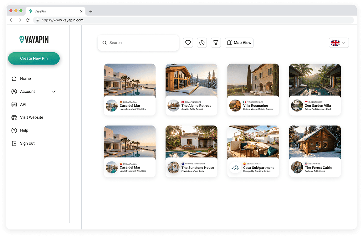 VayaPin dashboard featuring rental property cards.