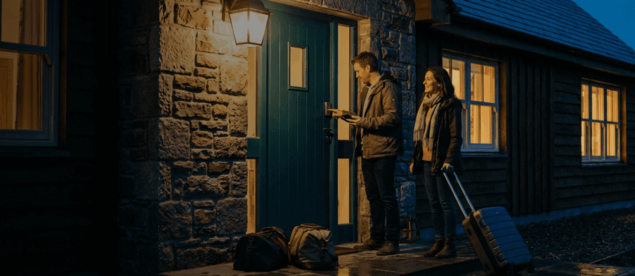 A delivery man holding a package, with the VayaPin mobile app open on his phone.