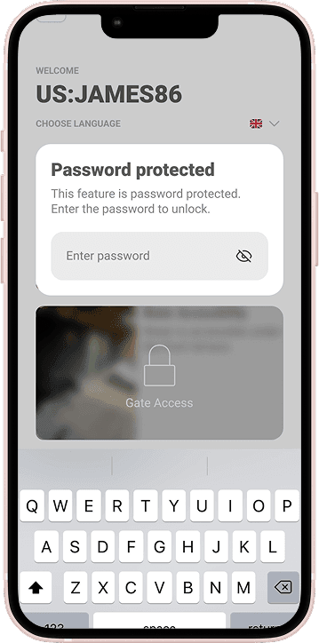 A smartphone screen displaying a password entry prompt for a feature titled 'Gate Access' under the username US:JAMES86.