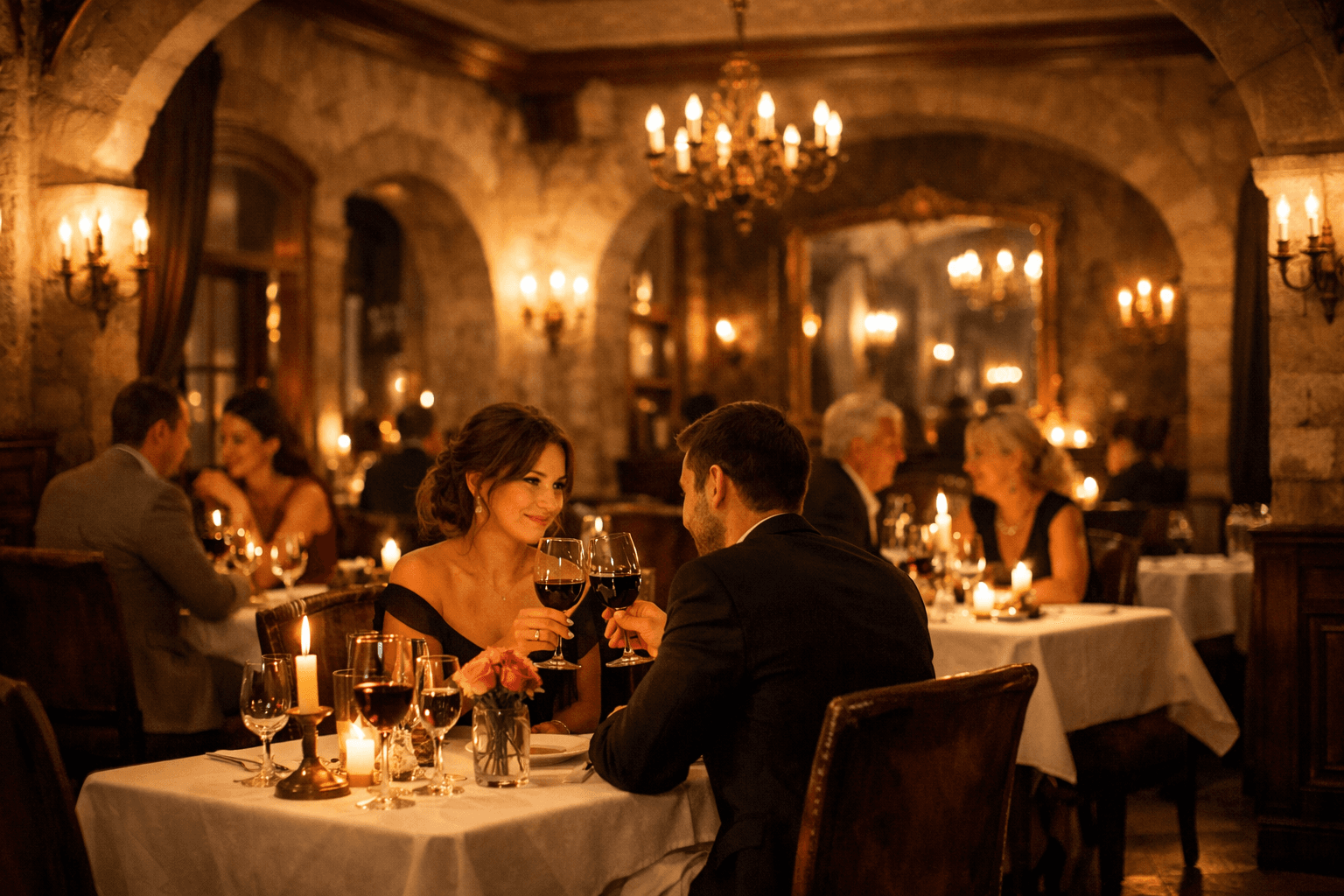 Romantic candlelit European restaurant with intimate dining atmosphere and elegant couples