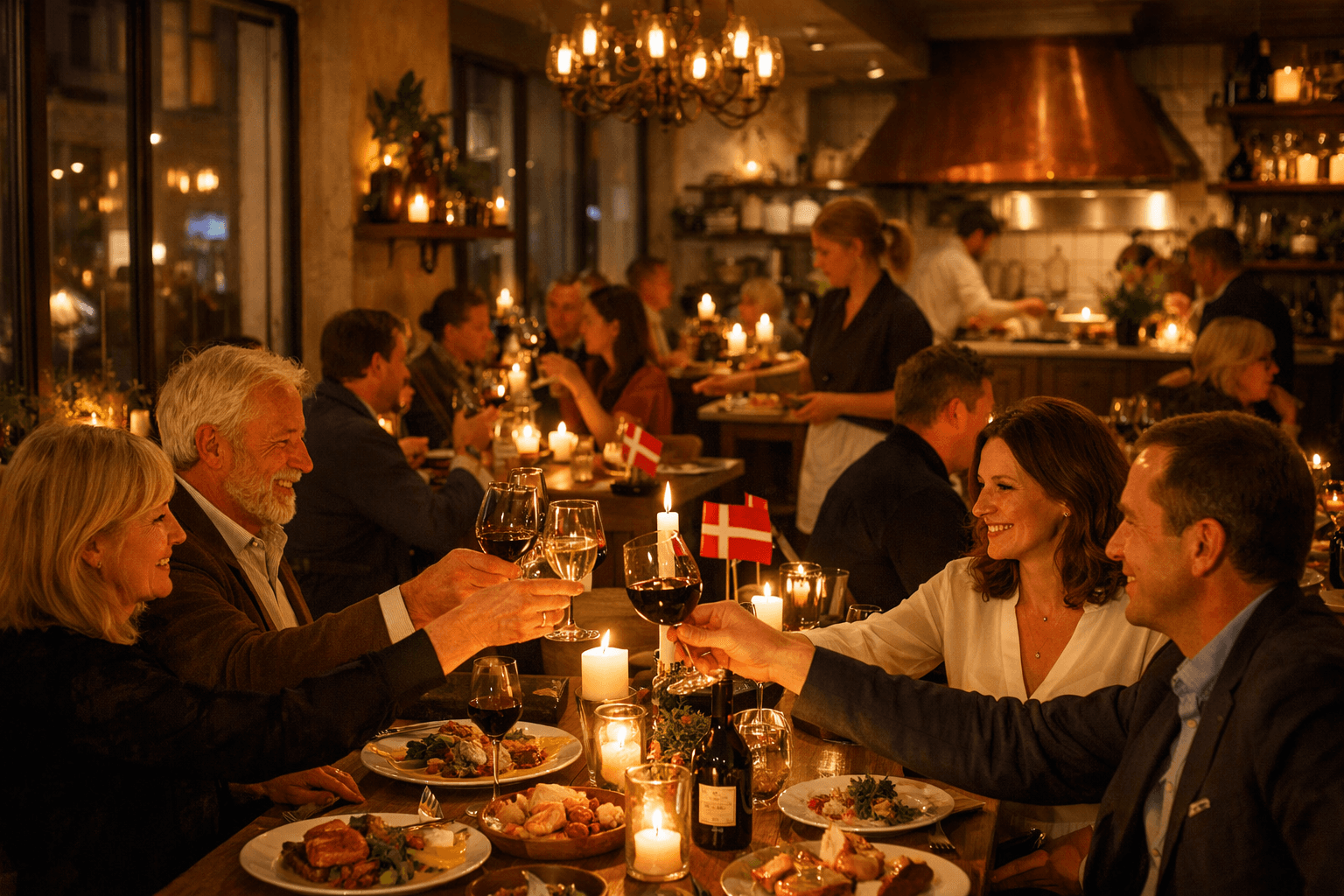 Elegant Maya Restaurant opening night in Copenhagen with warm intimate lighting, VayaPin family celebrating with wine and genuine hospitality